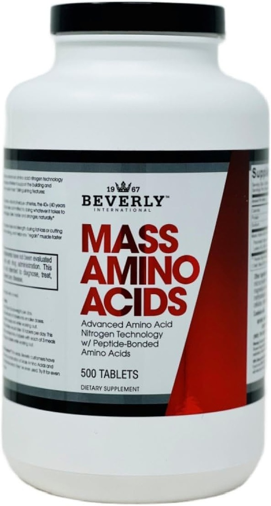 Beverly International Mass Amino Acids, 500 Tabs. Use Pre-Post Workout, con Comidas, Esencial para la recuperación muscular y reparación. Perfil completo de Aminoácidos