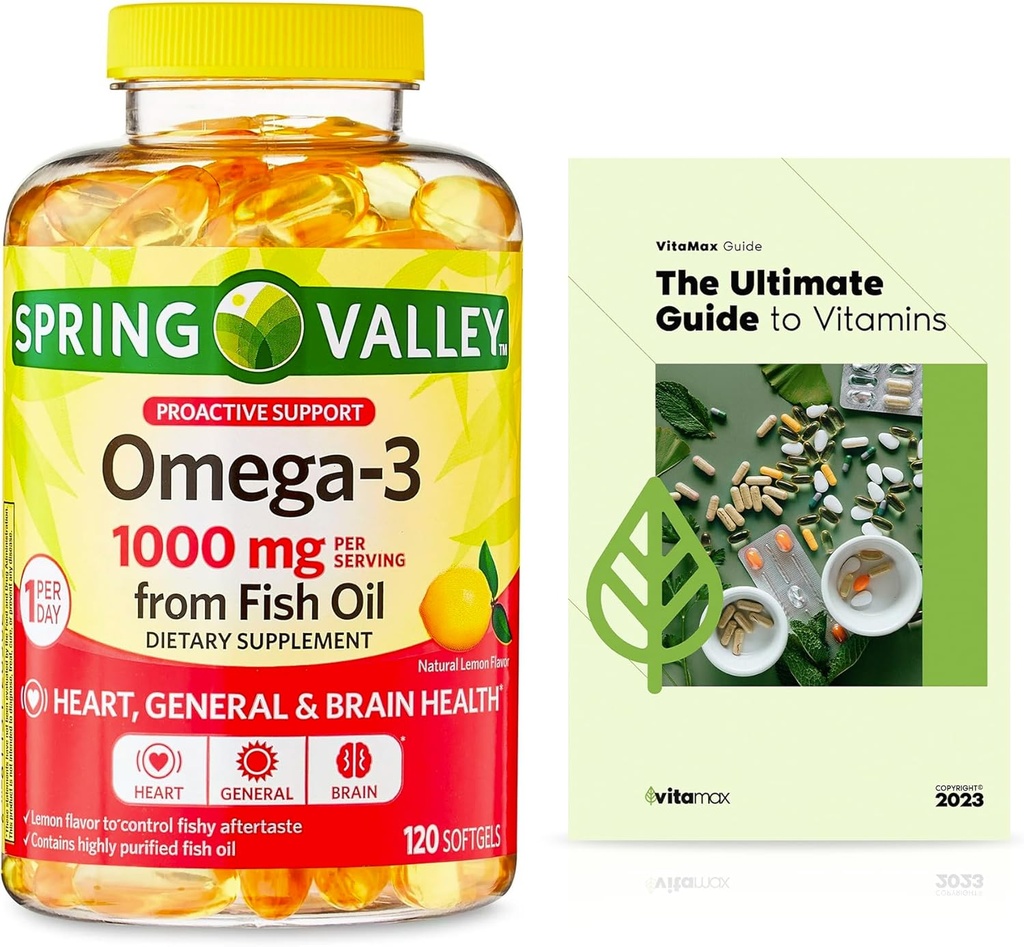 Spring Valley Omega-3 de Fish Oil 1000 mg, Maximum Care, 120 Conde + Exclusiva VitaMax Guía de Vitamina (2 Artículos)