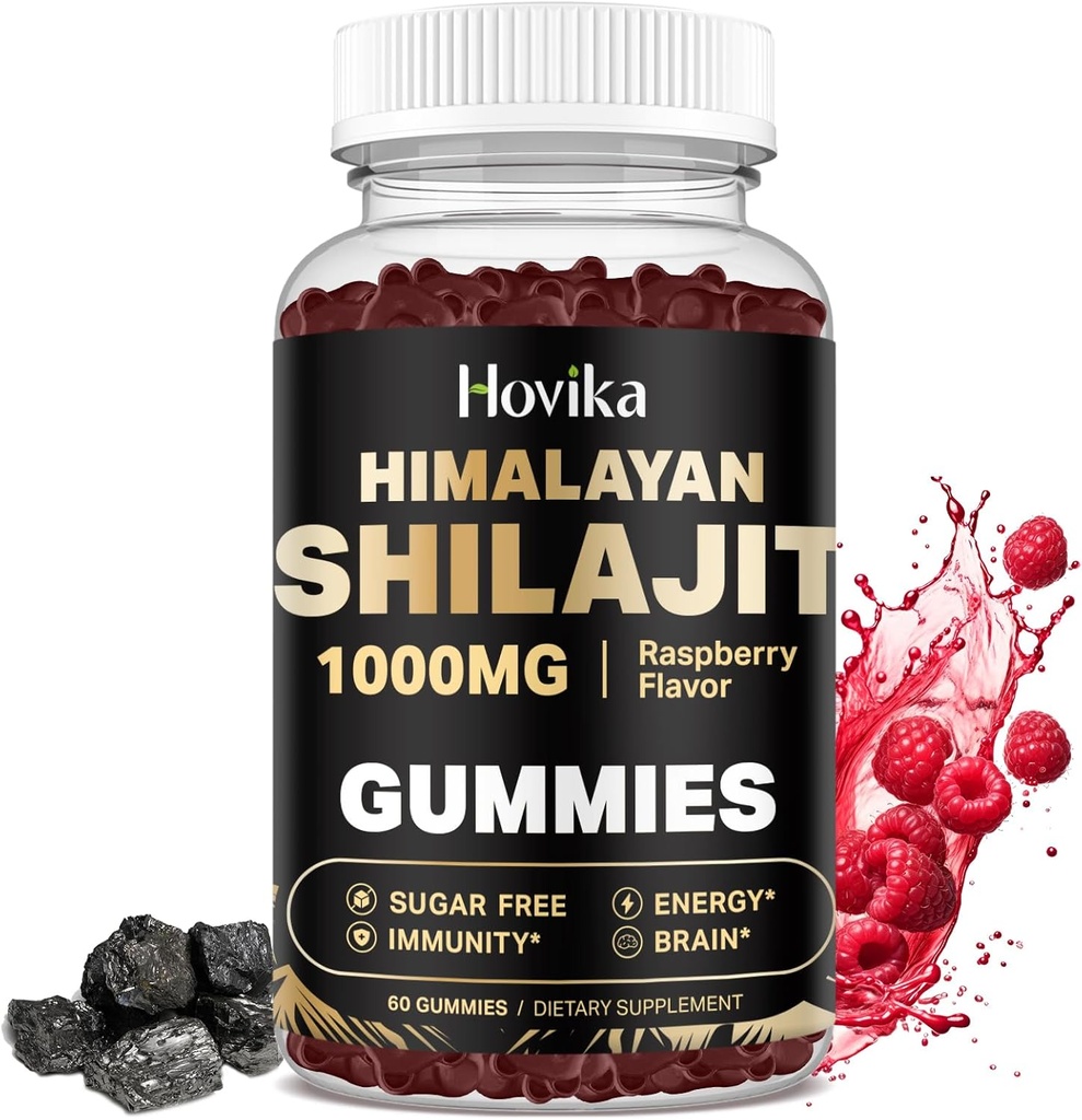 Shilajit Gummies 1000mg para hombres y mujeres - Pure Himalayan Shilajit Gummies with 85+ Trace Minerals, Ashwagandha, Turmeric, Black Pepper - Energy & Immune Support - Sugar Free Raspberry Flavor 60 Count