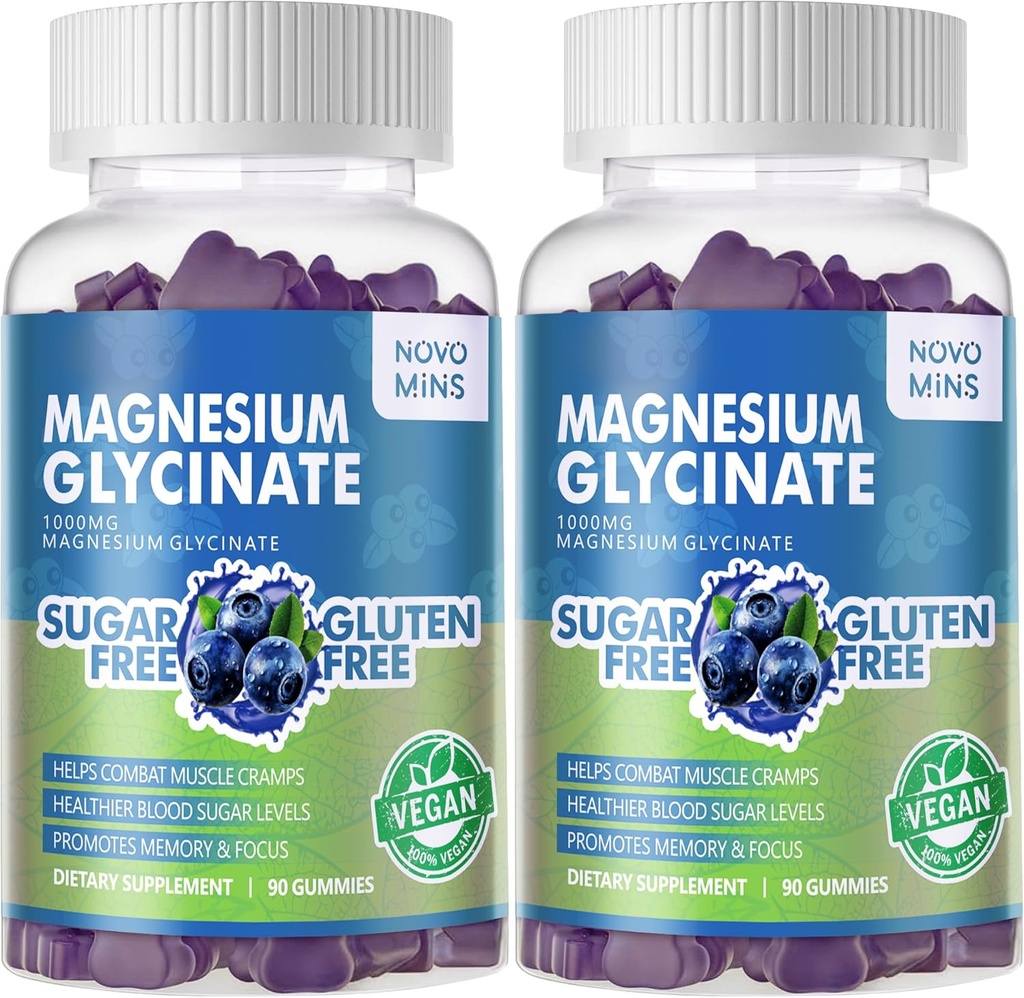 180 CT Magnesio Glycinate Gummies 1000mg - Suplemento de Potasio de Magnesio Libre de Azúcar con Vitamina D, B6, CoQ10 para calma Mood & Sleep Support - 180 Blueberry Gummies.