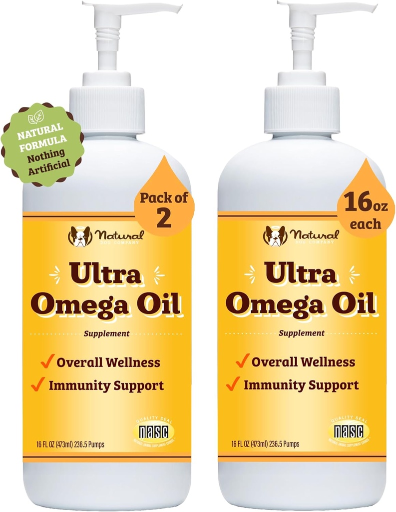 Natural Dog Company 16 oz. -2 Pack Ultra Omega 3 Fish Oil for Dogs, Dog Fish Oil Suplemento para Shedding, Itch Relief, Salmon Oil for Dogs, para familias multi perros o perros grandes, 32 oz Value
