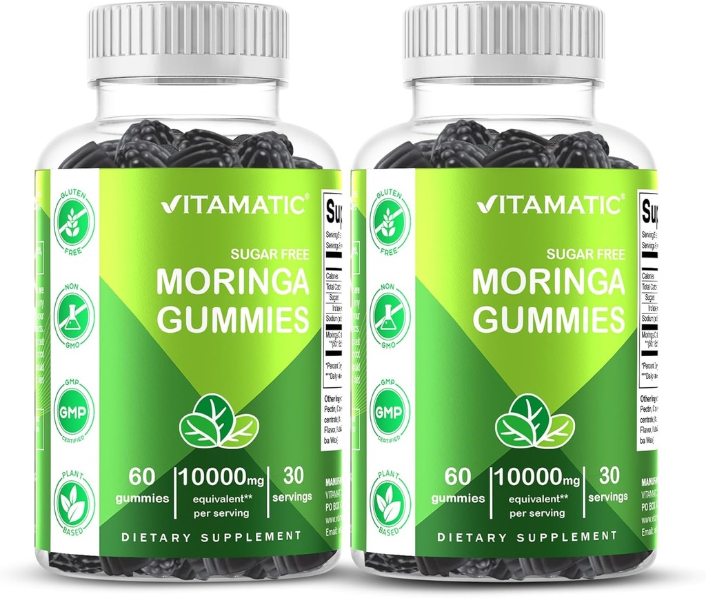 Vitamatic 2 Packs Sugar Free Moringa Gummies- 10000 mg Equivalente Per Serving (desde 50:1 Extracto 200 mg)- Superalimentos Verdes Completos 20X Extracto - 60 Gummies Basados en Pectina