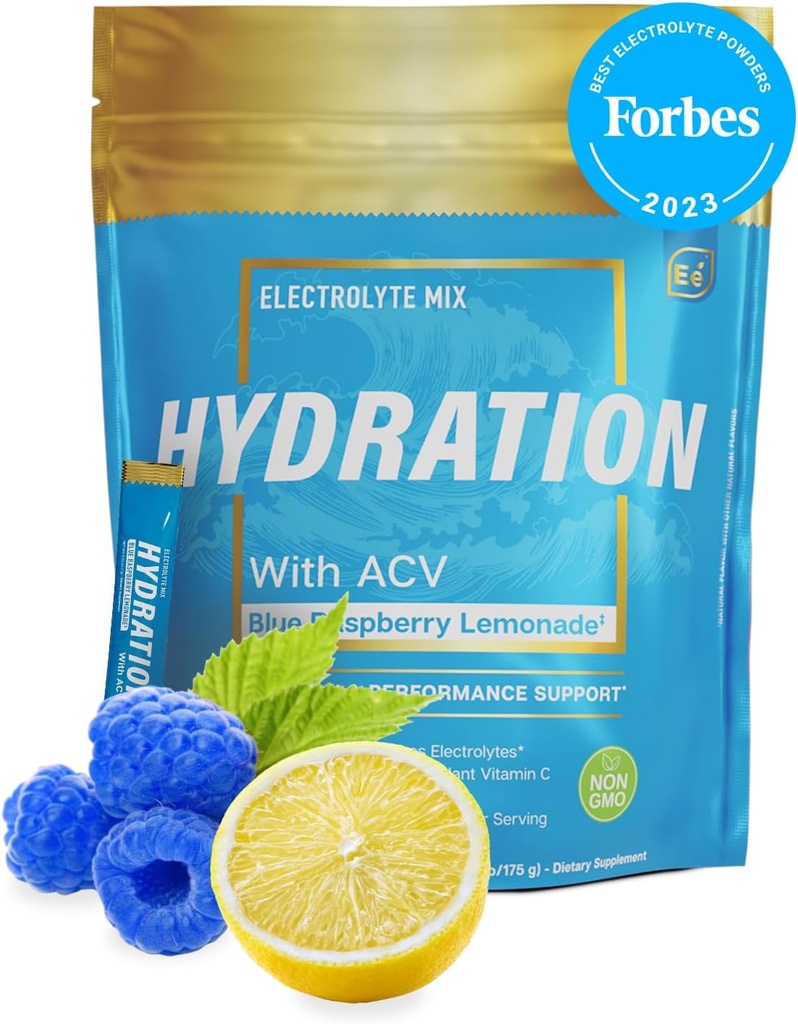 Elementos esenciales Hydration Packets - Blue Raspberry Pack - Sugar Free Electrolytes Powder Packets - 25 Stick Packs of Electrolytes Powder No Sugar - Hydration Drink - with ACV & Vitamin C