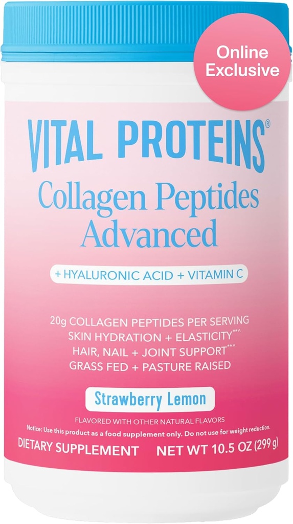 [BRSRAY3QCN4AKYDA] Proteínas vitales Péptidos de colágeno avanzados, péptidos hidrolizados con ácido hialurónico y vitamina C - Polvo de sabor de limón de fresa, 10.5oz