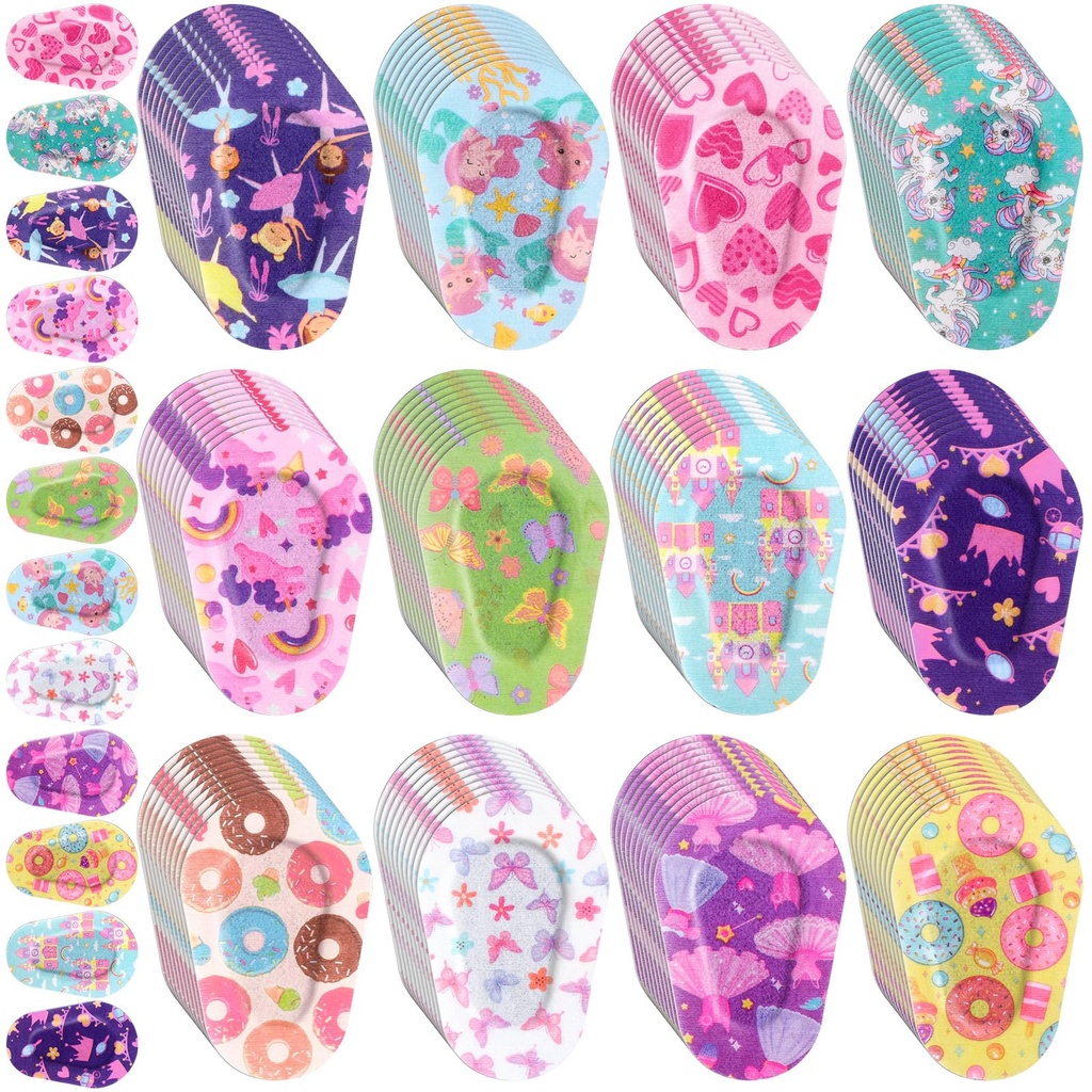 60 Pcs Adhesive Kids Eye Patches for Girls Toddler Eye Patches Bulk Breathable Material, Light Blocking Cotton Colorful and Fun Designs Adhesive Bandages for Girls, 12 Styles