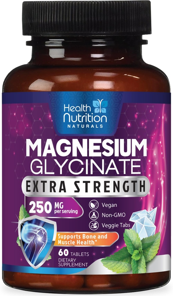 Magnesio Glycinate 250mg - Magnesio 100% Chelated para Max Absorción - Apoyo al sueño, Muscle, Nerves, Bone & Heart Health Support, Best Mag Supplement, Vegan Non-GMO, 3rd Party Tested - 60 Tablets