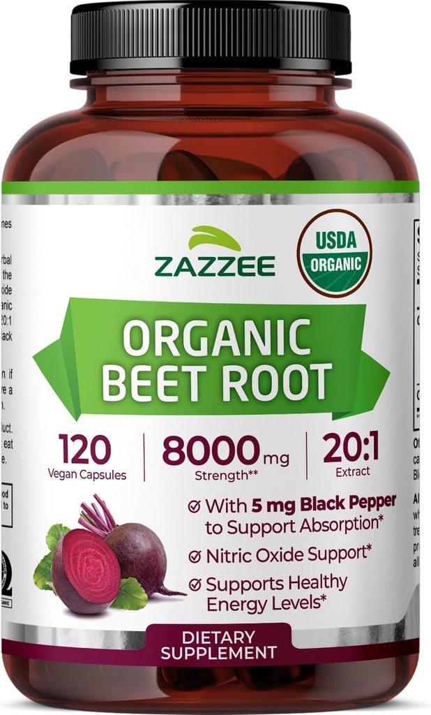 Zazzee USDA Orgánica de remolacha 8000 mg Fuerza 20:1 Extracto, 120 cápsulas de liberación rápida vegana, extracto de cobre negro para absorción mejorada, soporta la producción de óxido nítrico, no GMO, hecha en los EE.UU.