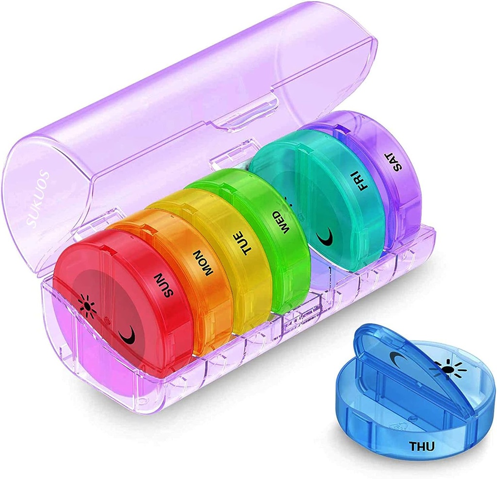 Sukuos Organizador semanal de píldoras 7 días 2 veces al día, gran caja de píldoras diarias fácil de abrir, AM Caso de píldoras para la medicina/Vitamin/Fish Oil/Supplements (Purple)