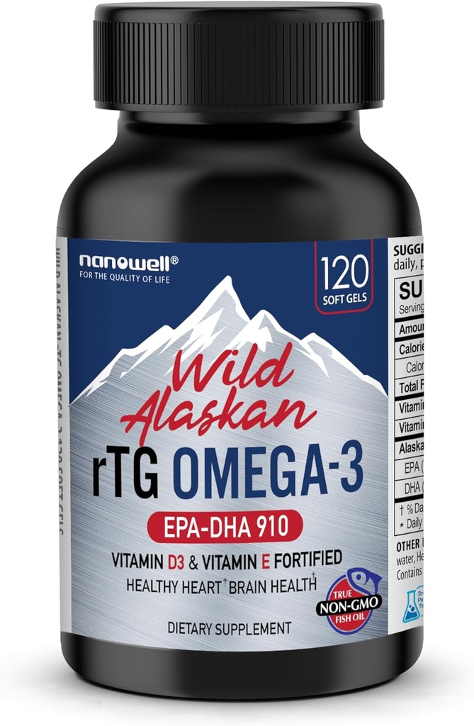 Wild Alaskan rTG Omega-3 Fish Oil 1196mg - EPA, DHA, Vitamina D3 & E - 120 Softgels, 60 Day Supply