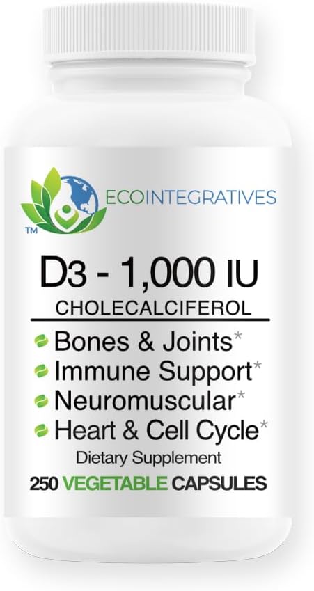 Vitamina D3-1000 UI 25 mcg (Cholecalciferol) Apoyo hipoalergénico para músculos, huesos y dientes, pecho, próstata, cardiovascular, colon &amp; salud inmunológica (250 cápsulas vegetales)