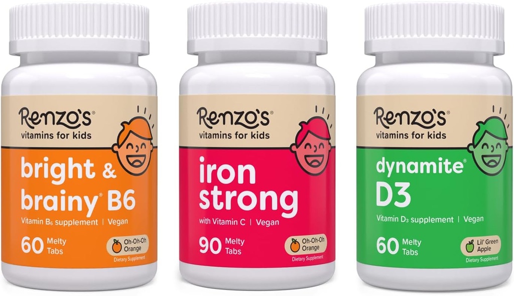 Vitaminas de Renzo Poderoso Kid Bundle - Suplementos de hierro para niños, vitamina D3 para niños, y vitamina B6 brillante y cerebral