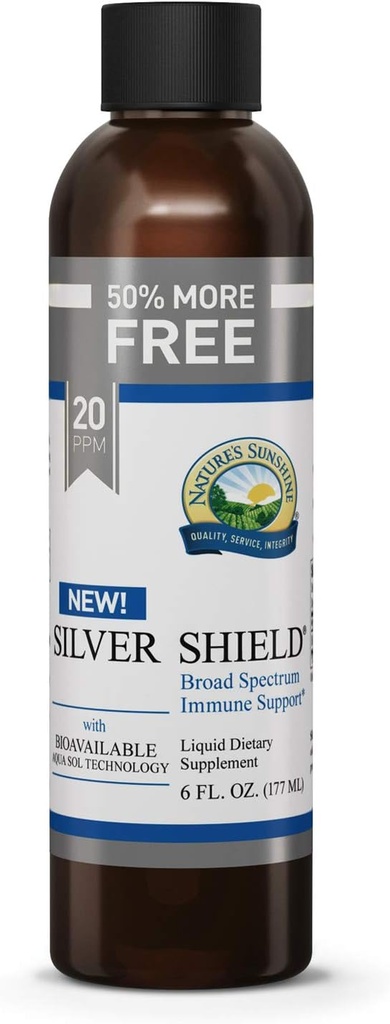 Sunshine Silver Shield Liquid, 6 Fl Oz ← Colloidal Silver Liquid con Aqua Sol Technology Proporciona soporte y protección inmune