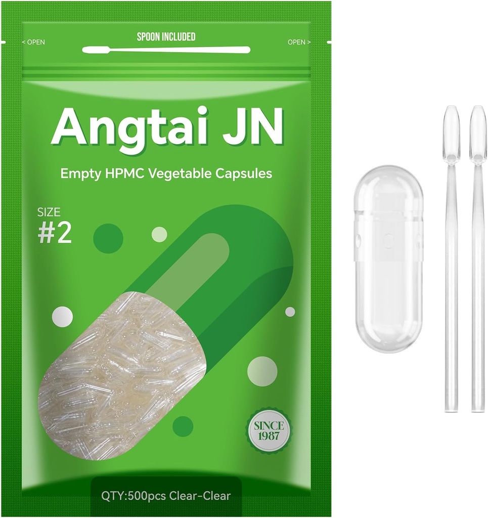 Empty Vegan Capsules Tamaño 2 Planta Basada Clear (500 Conde) Gluten Free, Non-GMO, Halal Certified Pill Caps Filling Kit con 2 Spoons for Vegetarian DIY Your Own Supplements