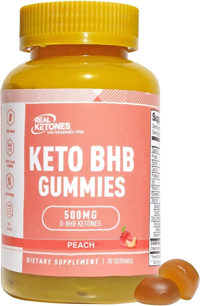 Real Ketones Keto BHB Gummies - Keto Gummies con BHB Ketones exógenos para el rendimiento mejorado Energy Focus y Keto Diet Support - High Strength Azúcar Gratis Keto Gummy - 30 Servings (Peach)