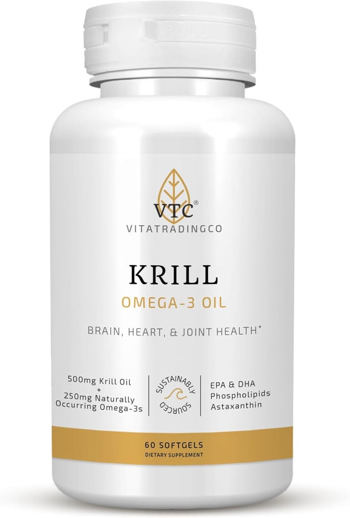 VTC VitaTrading Co. Krill Omega-3 Petróleo Suplemento Ø 100mg Pure Antártico Neptune Krill Oil (NKO) Silencio EPA " DHA Astaxanthin Silencio Brain, Heart, Joint " Eye Support  60 Softgels