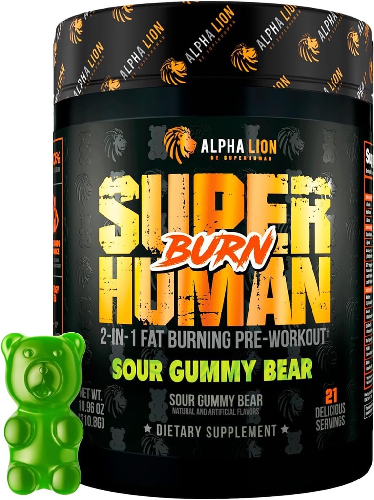ALPHA LION Superhuman Burn – 2 en 1 Metabolism Booster Pre Workout y Thermogenic Fat Burner para hombres – Appetite Suppressant and Weight Loss Suplemento (21 Servings, Sour Gummy Bear)