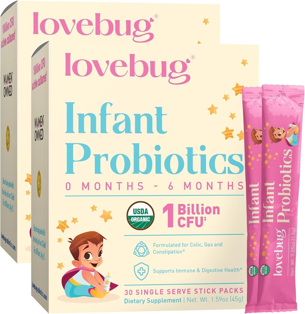 PRObióticos de bebés LOVEBUG 0-6 meses - USDA Probióticos orgánicos para bebés, apoya el gas bebé, el cólico, la diarrea y el alivio del estreñimiento recién nacido, el alérgeno y el azúcar libre, polvo sin sabor, 60 Pack