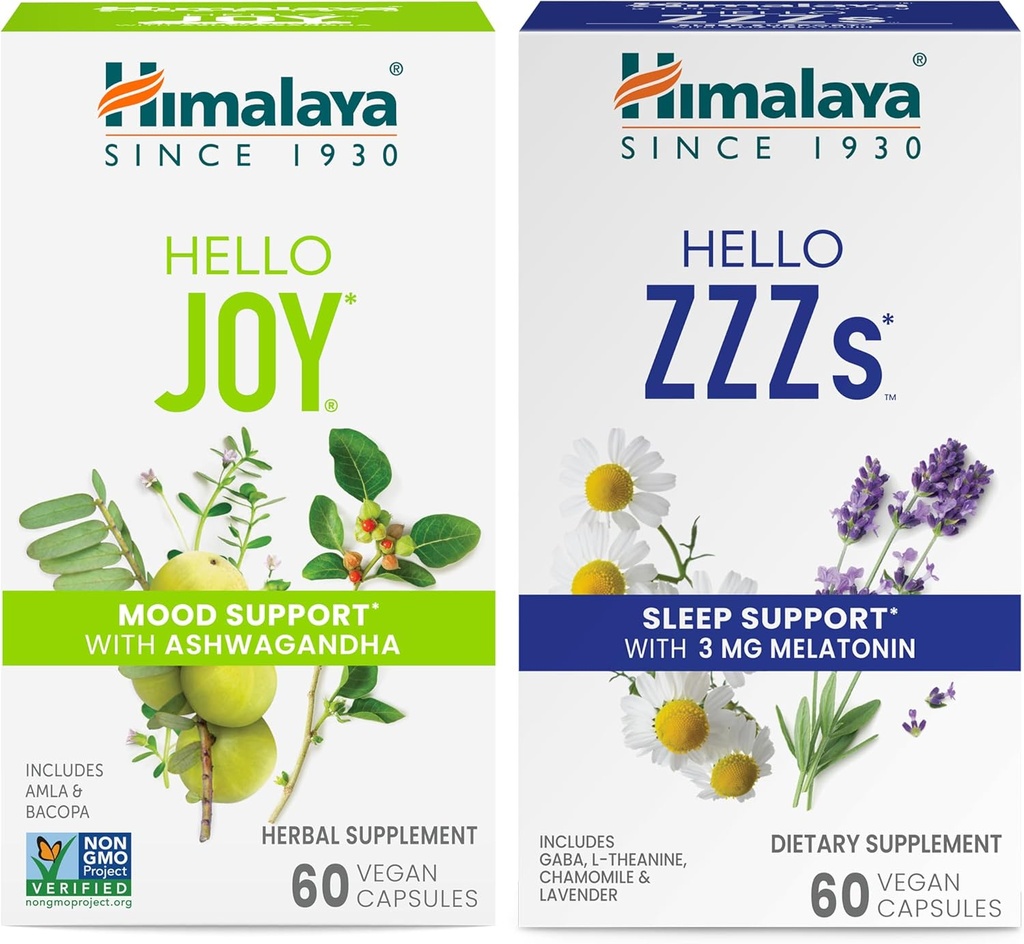 Himalaya Hola Alegría con Ashwagandha para mejorar el Mood y los Espíritus " Hola ZZ con Melatonina para el Apoyo al sueño, 60 cápsulas cada uno - Bundle