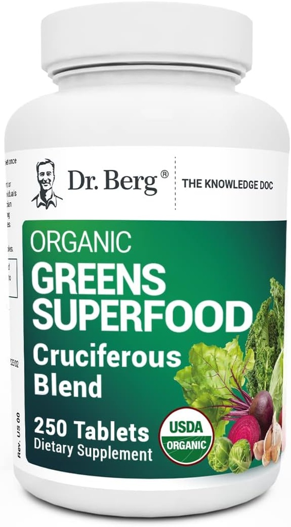 Los verdes del Dr. Berg Superfood Cruciferous Tablas vegetales - Suplementos vegetales para adultos w / 11 Phytonutrient Super Greens Tablets - Energía, Sistema Inmunitario & Tablas de verduras - 250 Tabletas
