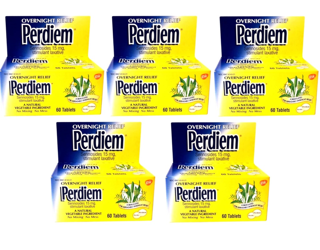 HALEON Perdiem Overnight Relief Sennosides 15 mg Stimulant Laxative, Natural Vegetable Ingredient, 60 Tablets (Pack of 5)
