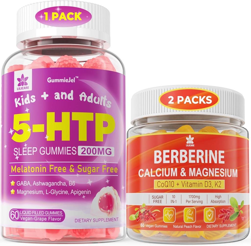 2Pack Berberine Suplemento Gummies & 1Pack 5HTP Mangas llenas de líquido para adultos & niños 8+, Sugar Gratis