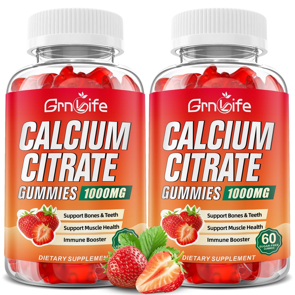 2 Pack Calcium Citrate Gummies, Azúcar Citrato de Calcio Gratuito 1000mg para Muscle Saludable, Absorción Suplementos de Calcio para Adultos &amp; Niños, Fresa, 120 Conde