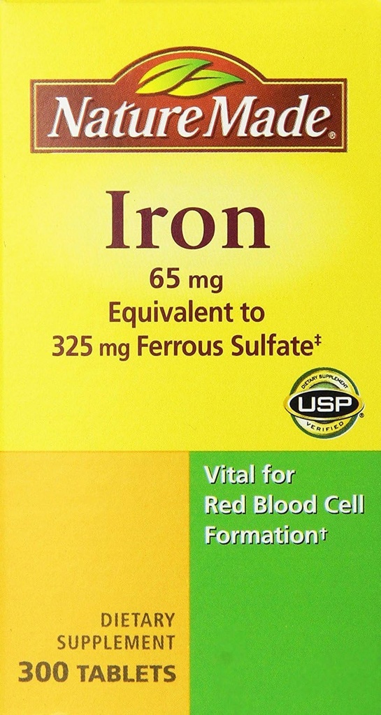 Nature Made Iron 65mg, Equivalente a 325 mg Sulfato ferroso - 300 Tabletas