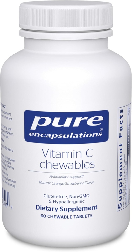 Encapsulaciones puras Vitamina C Chewables Silencioso Soporte para Función Inmunitaria Saludable y Soporte Antioxidante* TENIDO 60 Tabletas Chewable ← Natural Orange-Strawberry Flavor