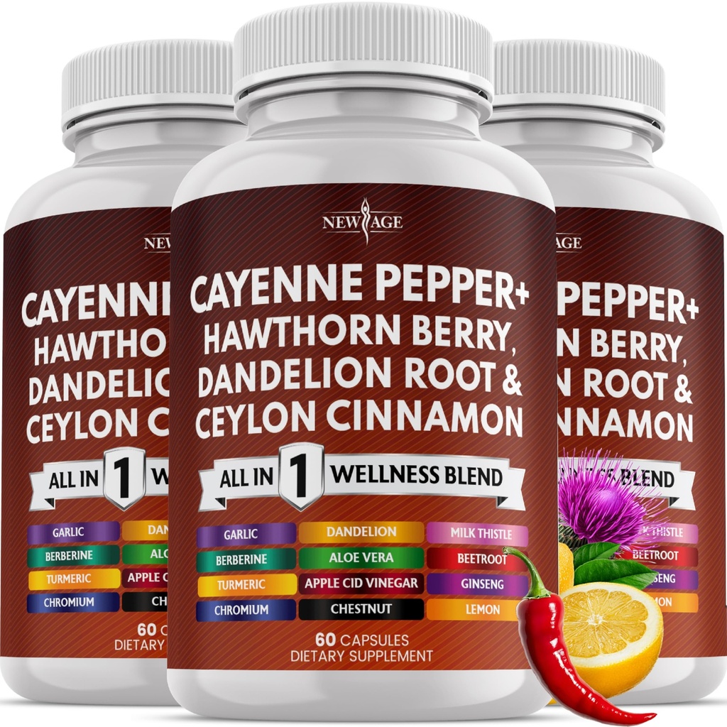 NEW AGE Cayenne Pepper Capsules Supplement with Hawthorn Berry, Dandelion Root, Ceylon Cinnamon, Garlic, Ginger, ACV, Milk Thistle, Beet Root, Aloe Vera - 180 Count
