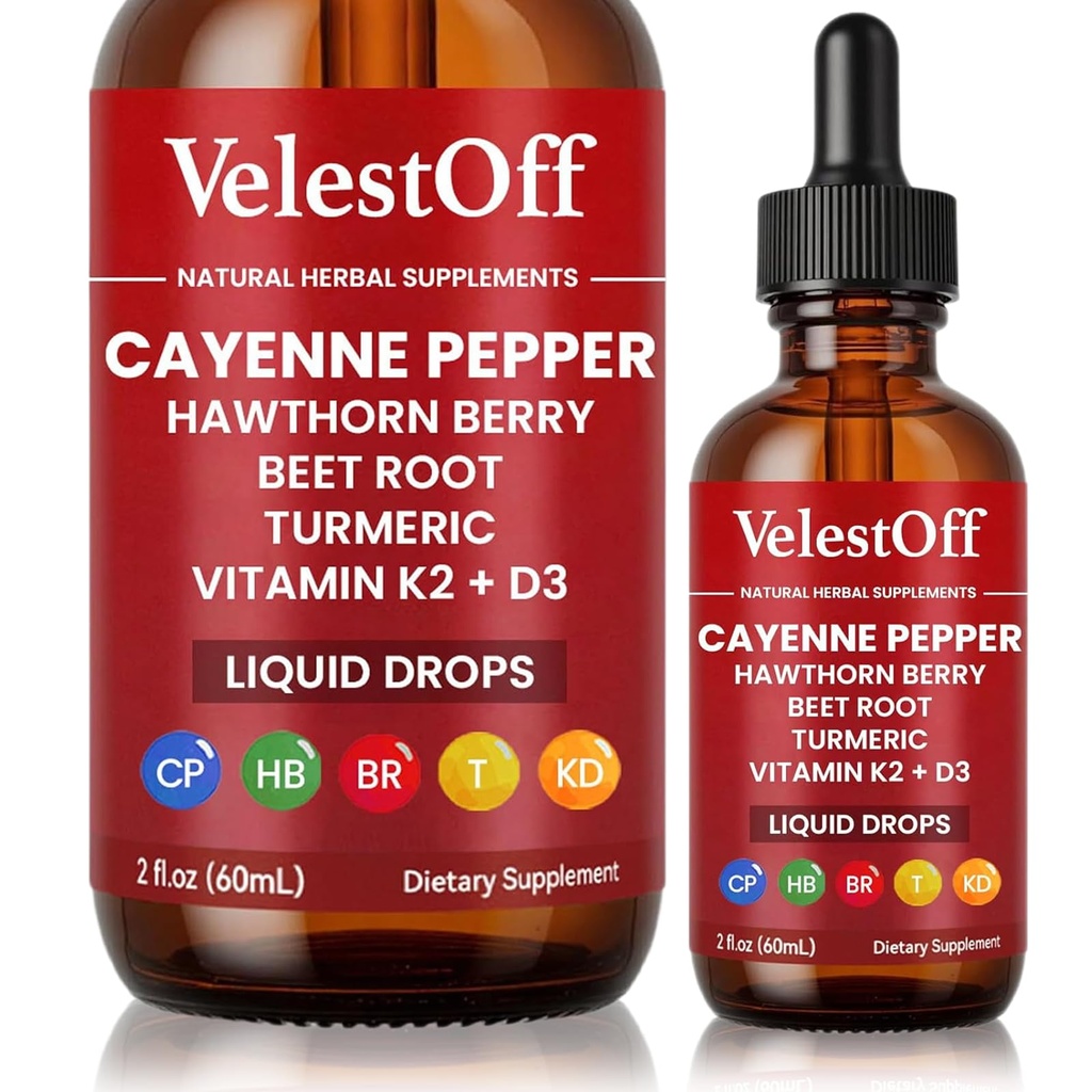 Cayenne Pepper Drops, Cayenne Circulation Blend with Hawthorn Beet Root Turmeric Vitamin K2 D3 - Vegan, Non-GMO - 2FL.OZ (1 PCS)