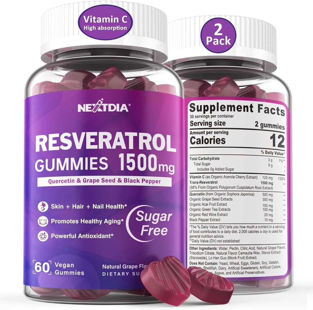 Resveratrol Gummies 1500mg - Sugar Free Resveratrol Supplement with Quercetin, Grape Seed, Acai Berries Extracts Support Antioxidante, Healthy Aging & longevity, Skin, Brain Wellness - Vegan, 2Pack