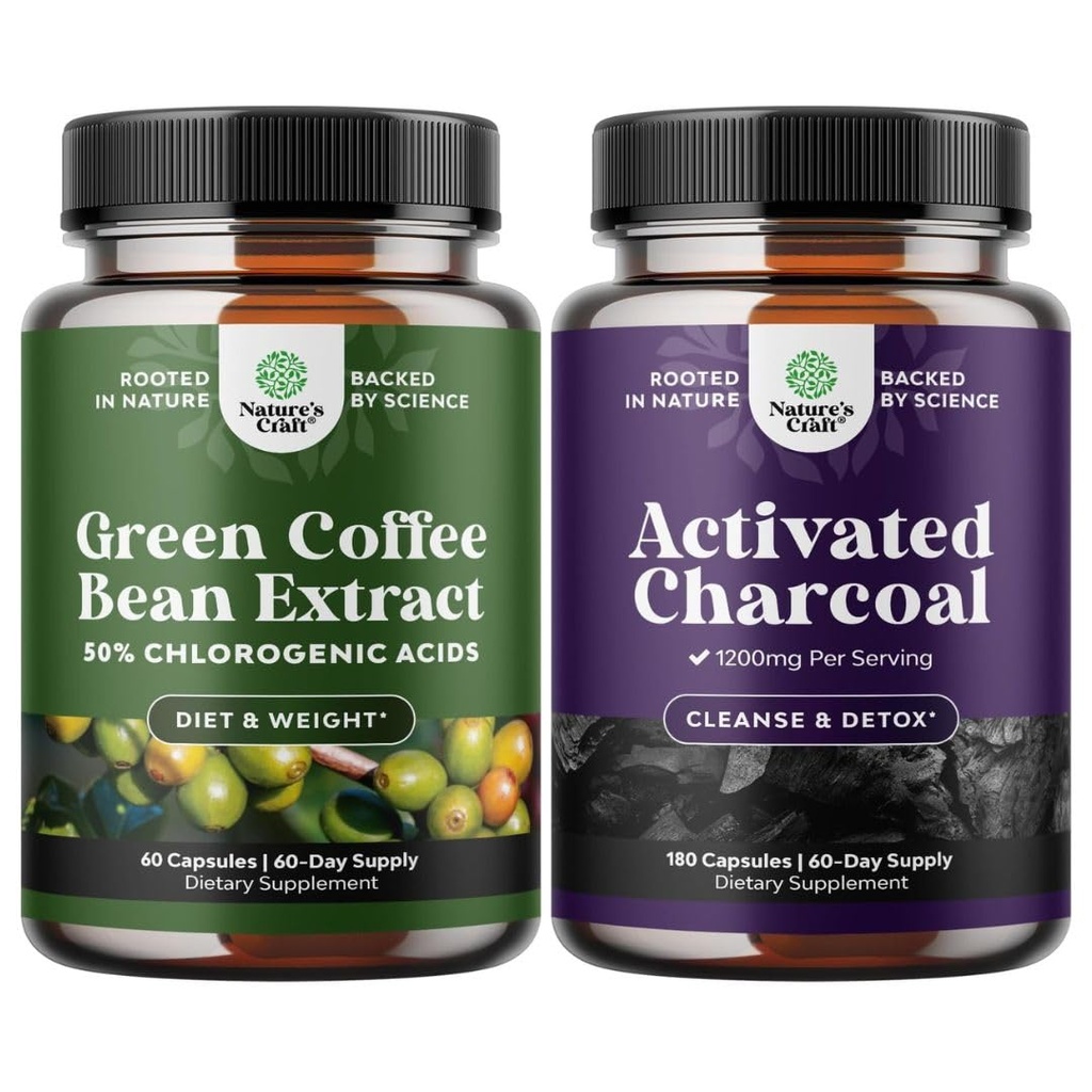 Agrupación de puro extracto de grano de café verde para la salud del corazón antioxidante Enfoque mental y reducción de tamaño y limpieza y detox cápsulas de carbón activado para el alivio de la hinchazón y limpieza de la desintoxicación corporal