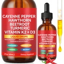 Cayenne Pepper Drops, Rethes Cayenne Pepper Liquid Drops with Hawthorn Berry, Vitamin K2 D3 Beet Root Powder, Turmeric Curcumin, Cayenne Health Supplements, Vegan-Friendly, Easily Absorbed, 60ml