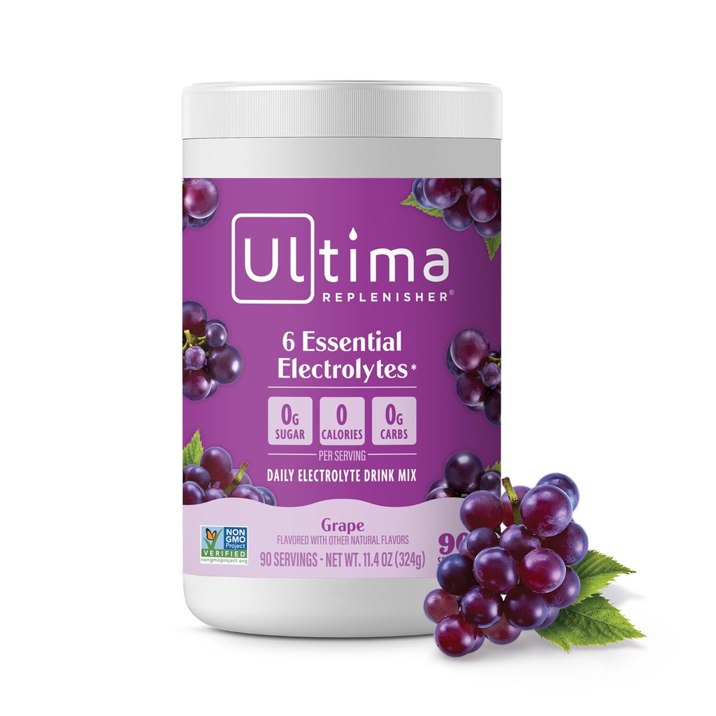 Ultima Replenisher Mezcla de bebidas electrolíticas diarias – libre de azúcar – Grape, 90 servidos – Polvo de hidratación con 6 electrolitos clave y minerales de rastro – Keto Friendly, Vegan, Non-GMO