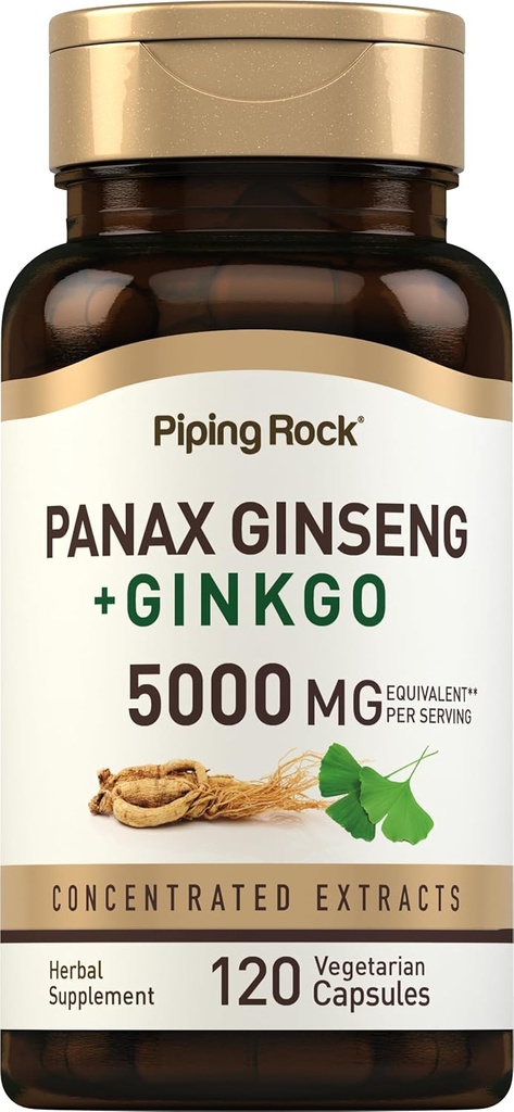 Piping Rock Panax Ginseng Capsules Silencio 5000 mg Silencio 120 Conde Silencio con Ginkgo Biloba Silencio Vegetariano, No GMO, y Gluten Free Supplement