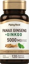 Piping Rock Panax Ginseng Capsules Silencio 5000 mg Silencio 120 Conde Silencio con Ginkgo Biloba Silencio Vegetariano, No GMO, y Gluten Free Supplement