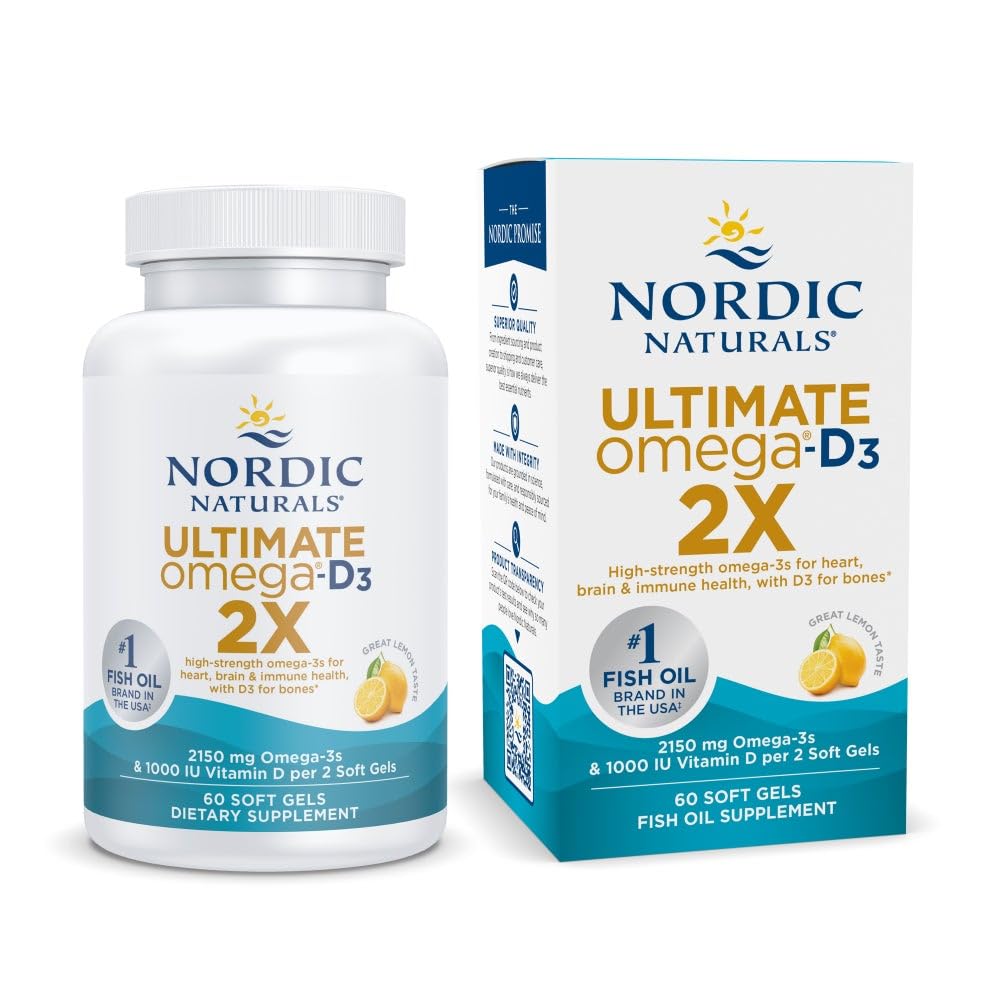 Naturales nórdicos Ultimate Omega 2X con vitamina D3, sabor limón - 60 geles blandos - 2150 mg Omega-3 + 1000 UI D3 - EPA &amp; DHA - cerebro, corazón, &amp; salud inmunitaria - 30 servicios