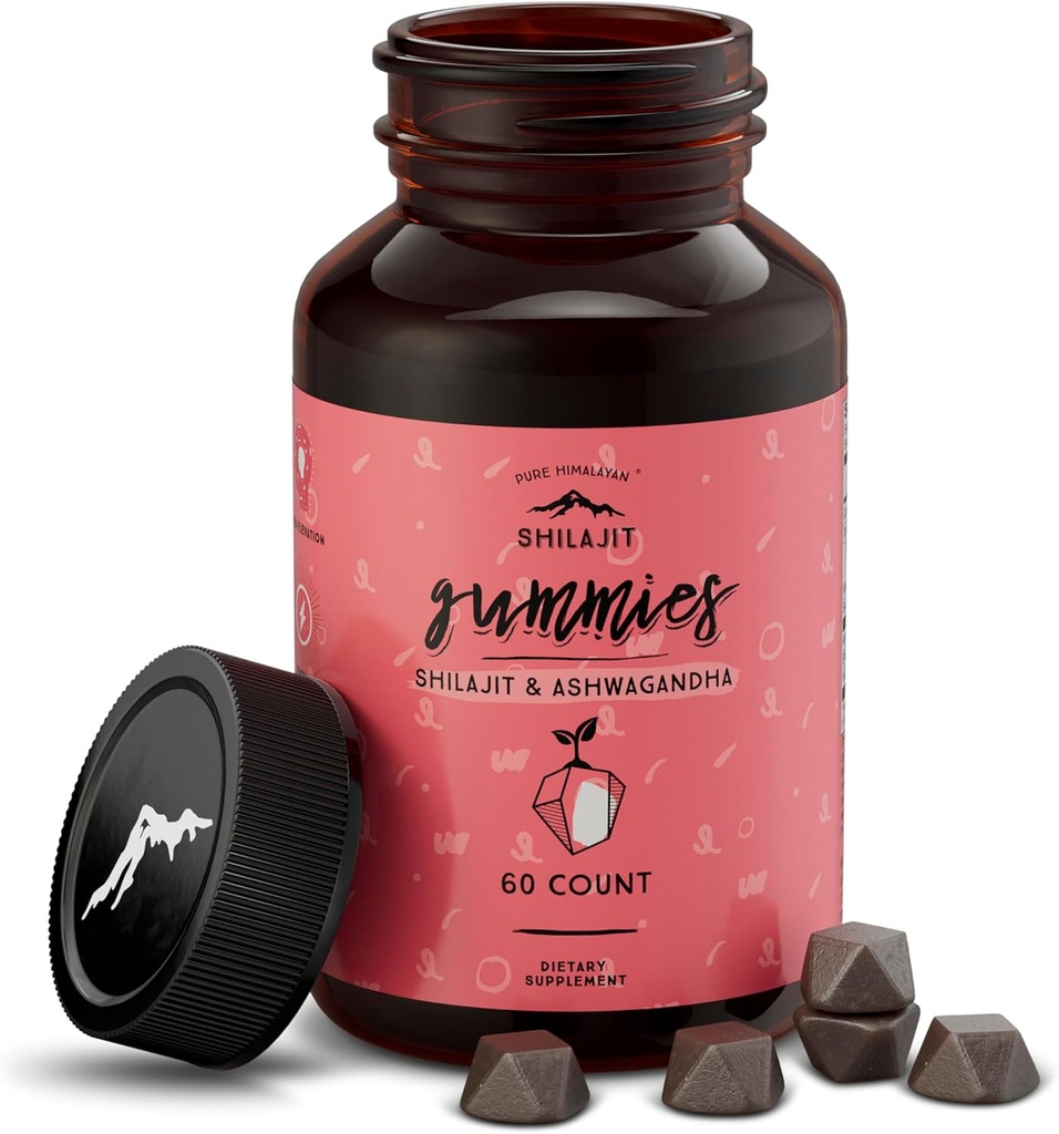 Pure Himalayan Shilajit Gummies, Sugar-Free, 85+ Trace Minerals " Fulvic Acid for Energy, Metabolism " Immune Support, Shilajit for Men " Women, Ashwaghanda Gummies (60 Conde)