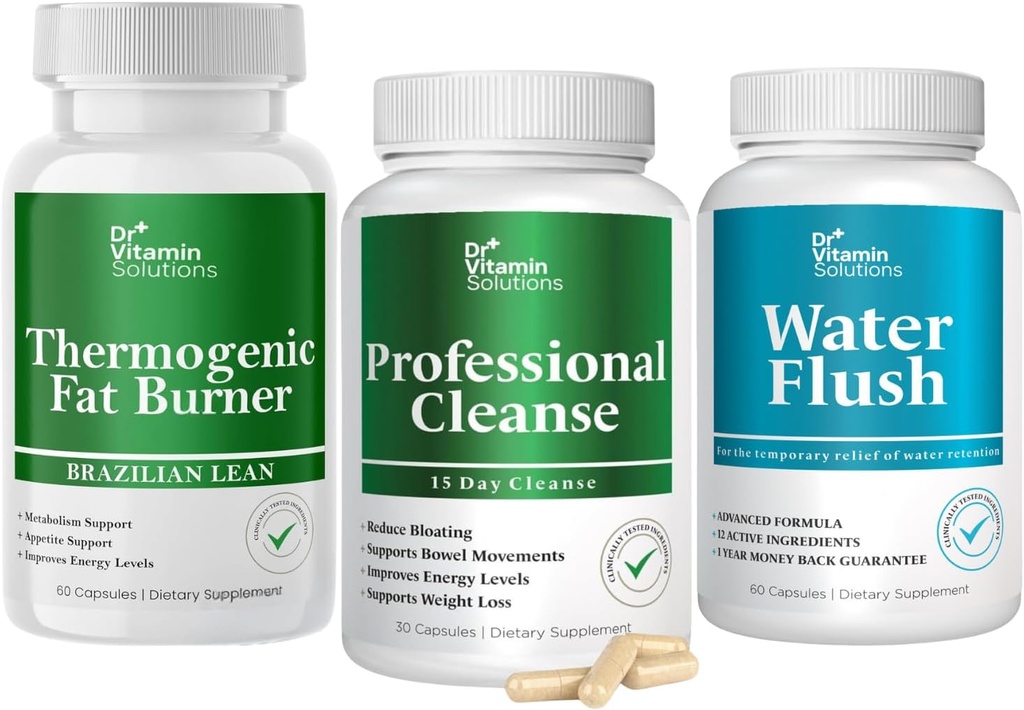 [BRSRAEDRCMNAM3DJ] DR VITAMIN SOLUTIONS 15 Day Cleanse, Thermogenic Fat Burner, Water Weight Loss for Women & Hombre Bundle, 180 Capsules