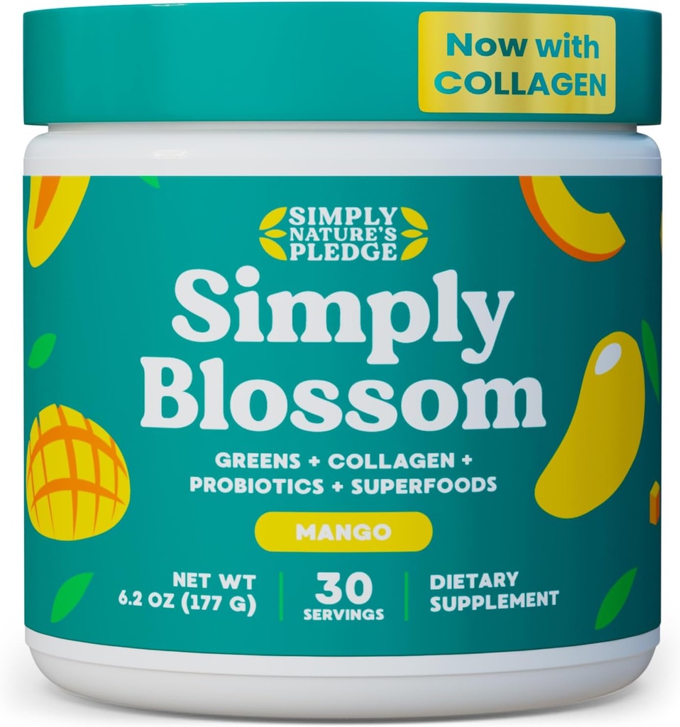 Sencillamente Blossom Nutrition Daily Greens " Superfood Powder + Collagen + Probiotics for Women's Digestive Health " Bloating Relief. Ayuda a su salud Bloom - 30 Day Supply - Mango