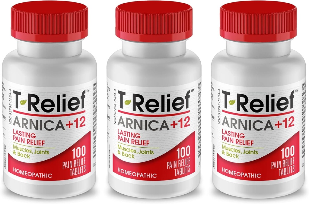 T-Relief Arnica +12 Activos de Alivio Natural para el Dolor Conjunto Soreness Muscle Aches & Stiffness, Alivio Actuador Acelerado para Mujeres & Hombres - 100 Tabletas (3 Pack)