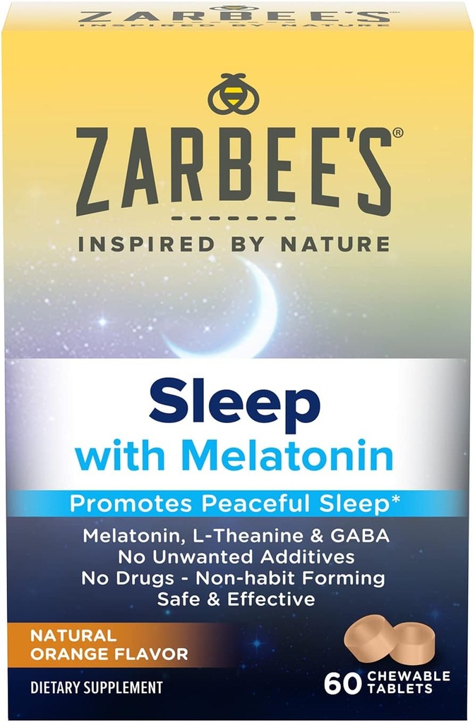 Zarbee's Melatonin 5mg, L-Theanine + GABA Suplemento de sueño para promover el sueño pacífico, sabor a naranja natural, tabletas para adultos de 12 años arriba, 60 cuenta