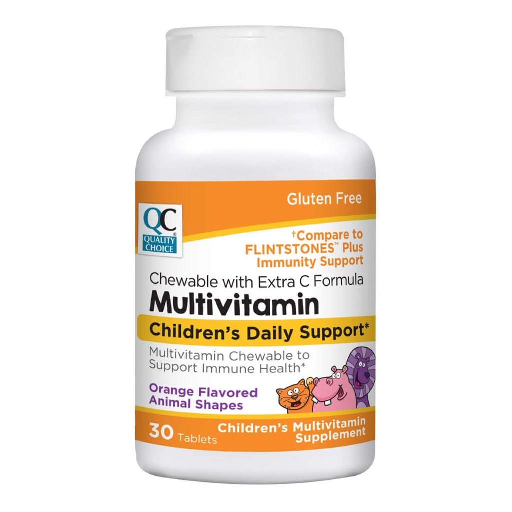 Opciones de calidad, Multivitamina de animales Chewable para niños con vitamina C extra, Apoyo diario para niños Suplemento de salud multivitamina saboreado, 30 cuenta botella