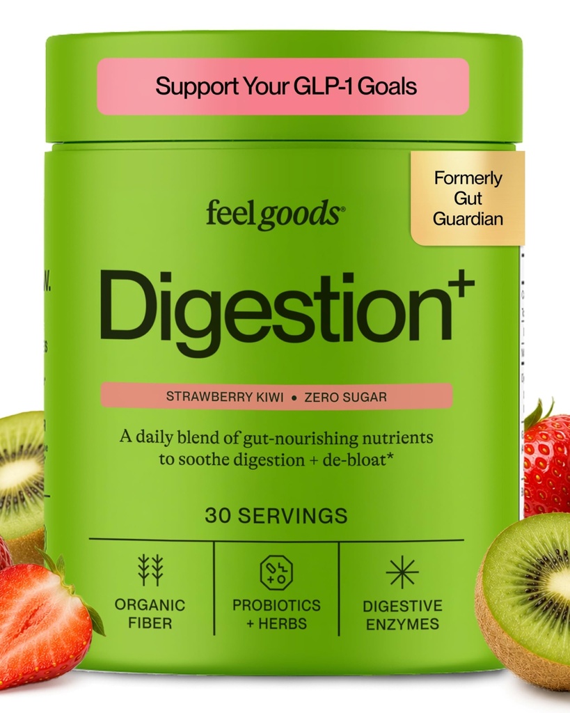 Feel Goods Gut Guardian, Fibra Orgánica, Polvo Prebiótico, Libre de Azúcar, Herbs for Bloat, Gut Health Support, Digestive Health for Men &amp; Women, Non GMO, Vegan, Strawberry Kiwi, 30 Servimientos