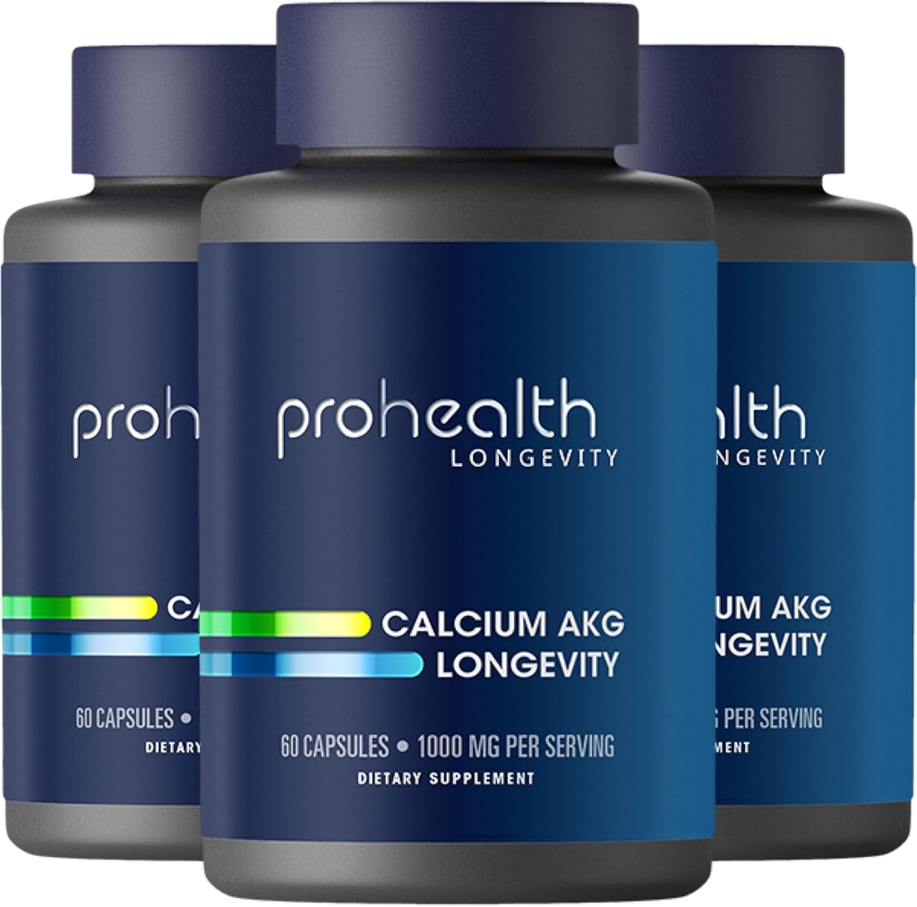 ProHealth, Suplemento Ca AKG (Alpha Ketoglutarate) (1,000 mg por 2 Capsule Serving, 60 cápsulas). Soporta energía celular, función metabólica y procesos de envejecimiento saludables (3 Pack)