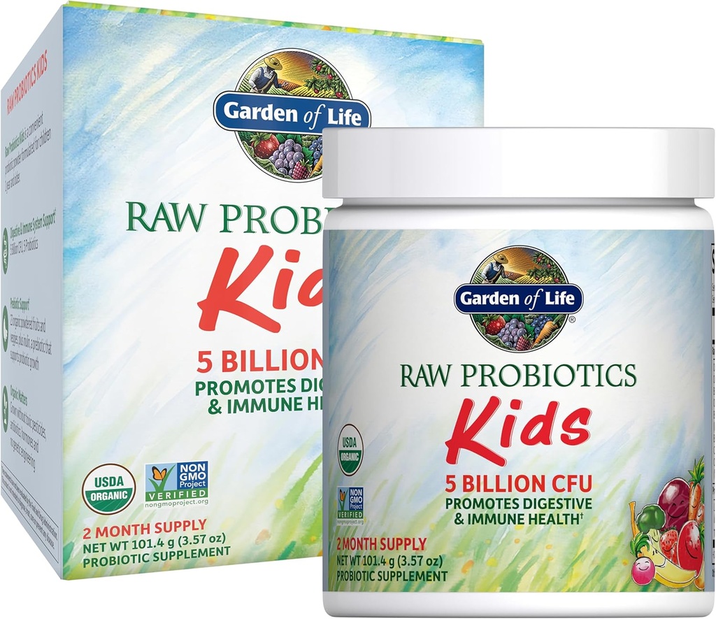 Jardín de la vida Probióticos biológicos brutos para niños - 5 millones CFU Acidophilus para niños, Bifido Probiótico Powder Suplemento con Prebióticos de frutas y verduras para la salud digestiva e inmunitaria - 60 Servimientos