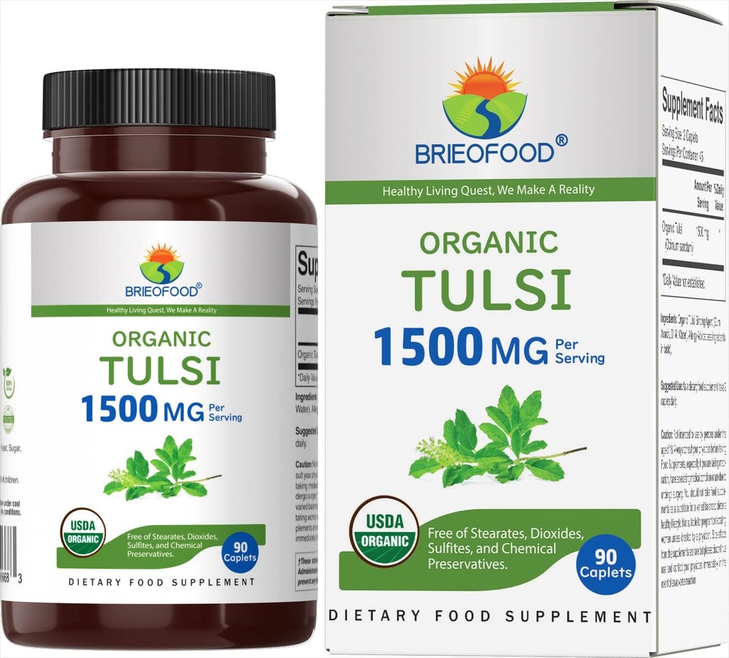 Brieofood Organic Tulsi (Holy Basil) 1500mg, 45 Servings, Vegetarian, Gluten Free, 90 Tablets Vegetarianos