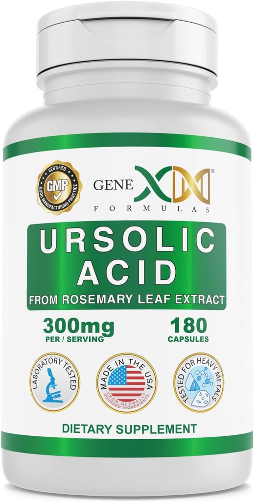 Genex Fórmulas Ácido ursólico 300mg (180 capsules) Ácido ursólico proveniente del Extracto Rosemary - No GMO, Gluten Free, Vegetarian
