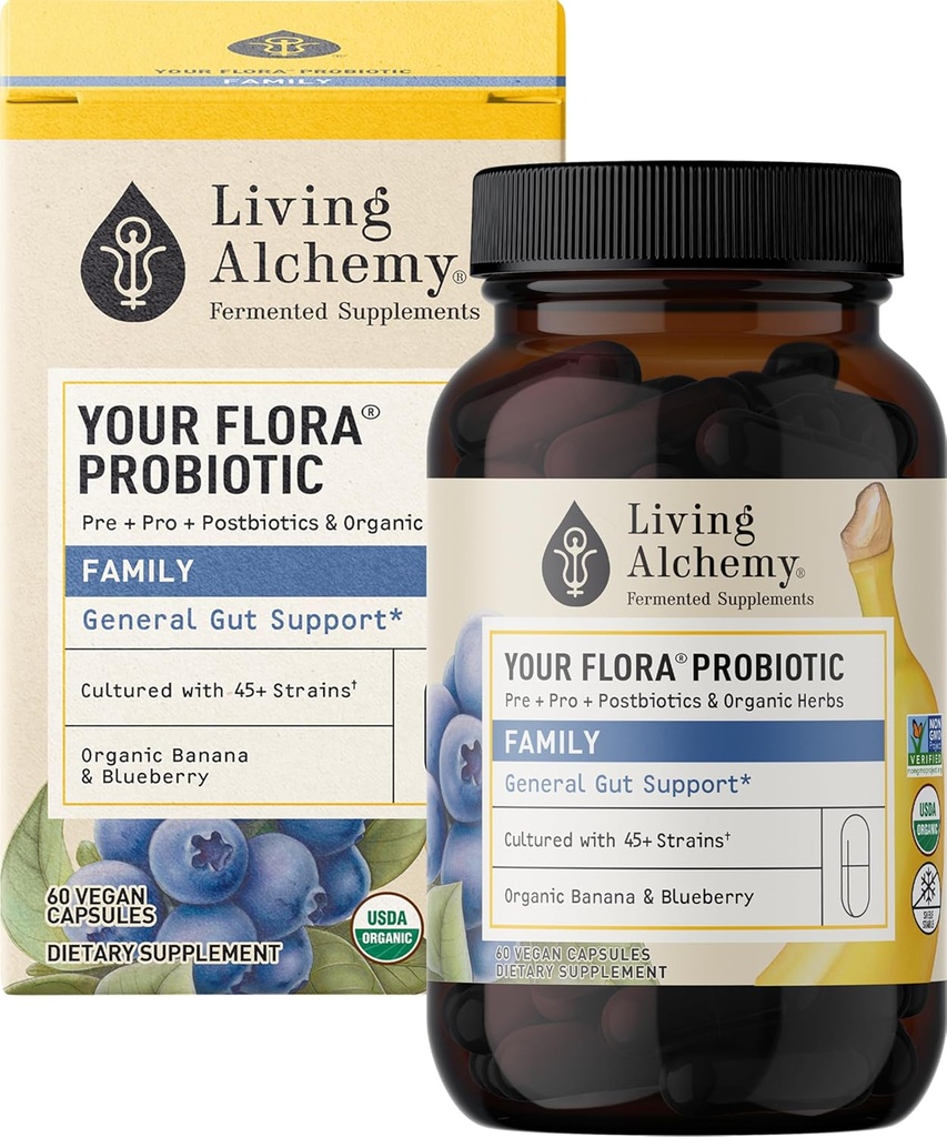 Tu familia Probiótica Flora – No GMO Probióticos con soja fermentada, banana, " Blueberry for Digestion & Gut Support – Prebióticos, posbióticos, enzimas digestivas – Alquimia viva, 60 cápsulas