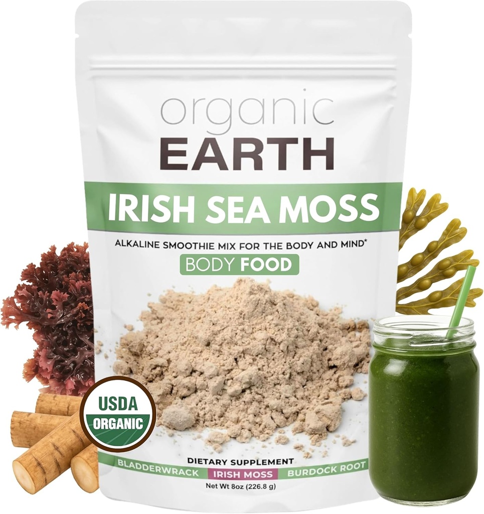 Organic Earth Irish Sea Moss Powder 8oz - Wildcrafted Sea Moss Organic with Bladderwrack " Burdock Root Powder - Thyroid, Digestion Support " Healthy Skin - USDA Certified Organic